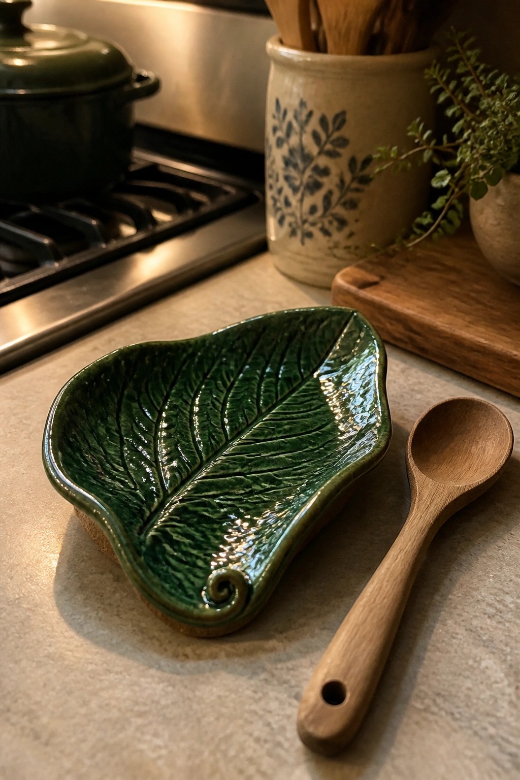 Green ceramic leaf bowl beside wooden spoon on kitchen countertop