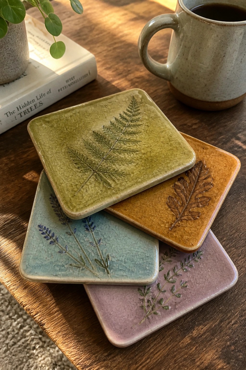 Four square ceramic coasters with pressed fern, oak leaf, lavender, and thyme impressions in crackle glazes stacked on a wooden table.