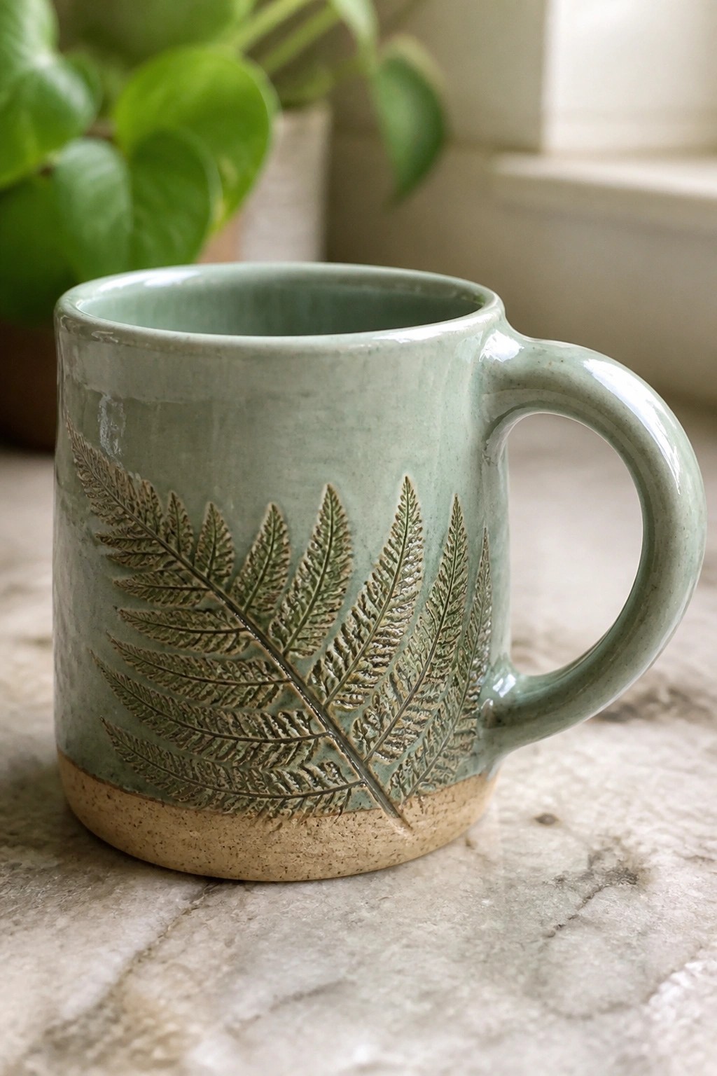 Green ceramic mug with embossed fern leaves on marble countertop