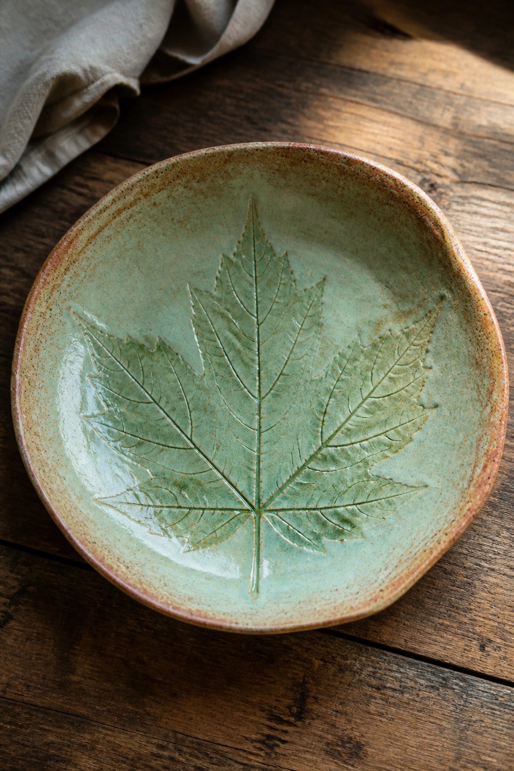 Green ceramic bowl with embossed maple leaf on wooden table beside linen cloth