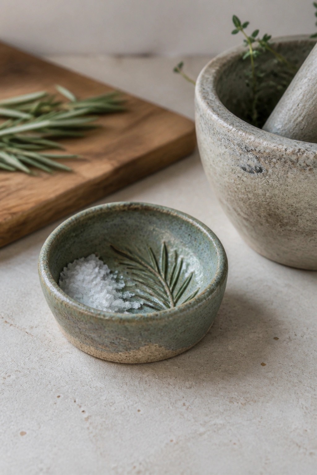 Small green ceramic salt bowl with leaf design near stone mortar and rosemary