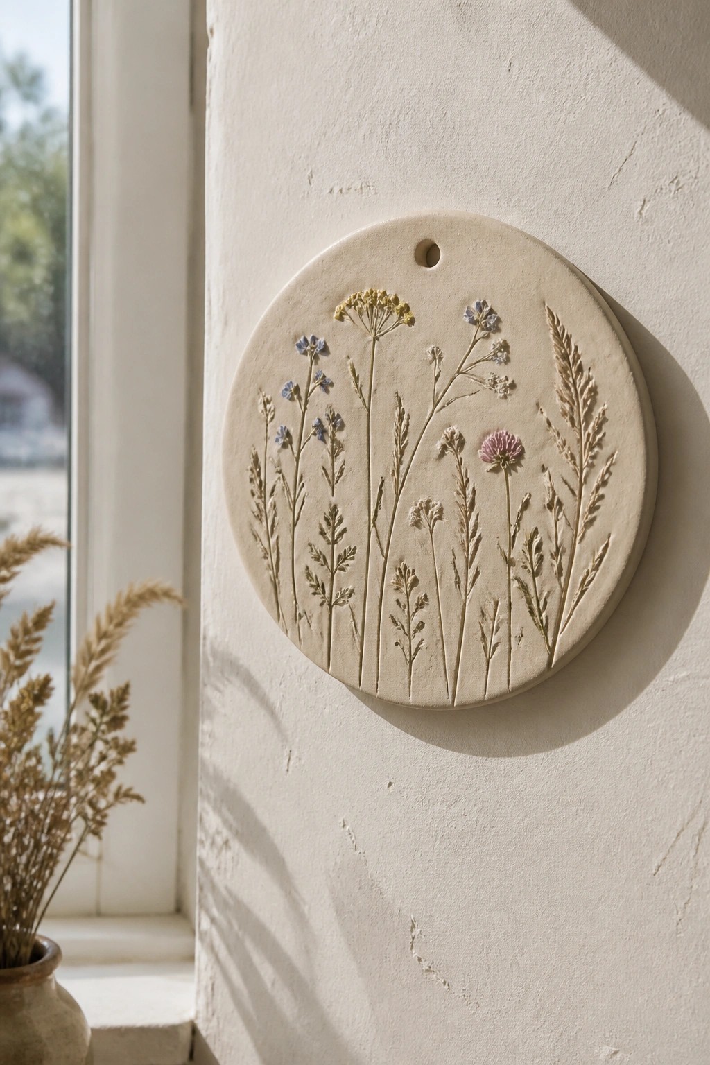 Round beige clay plaque with embossed wildflowers hangs on sunlit white wall by window.