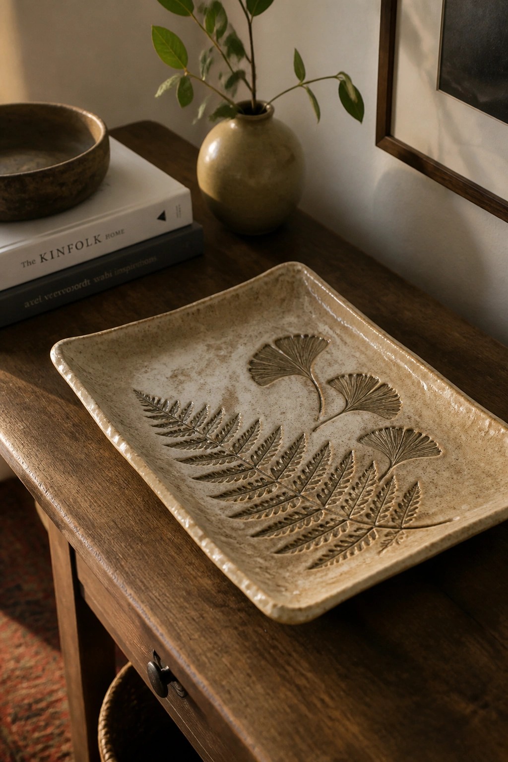 Ceramic tray embossed with fern and ginkgo leaves on rustic wooden table
