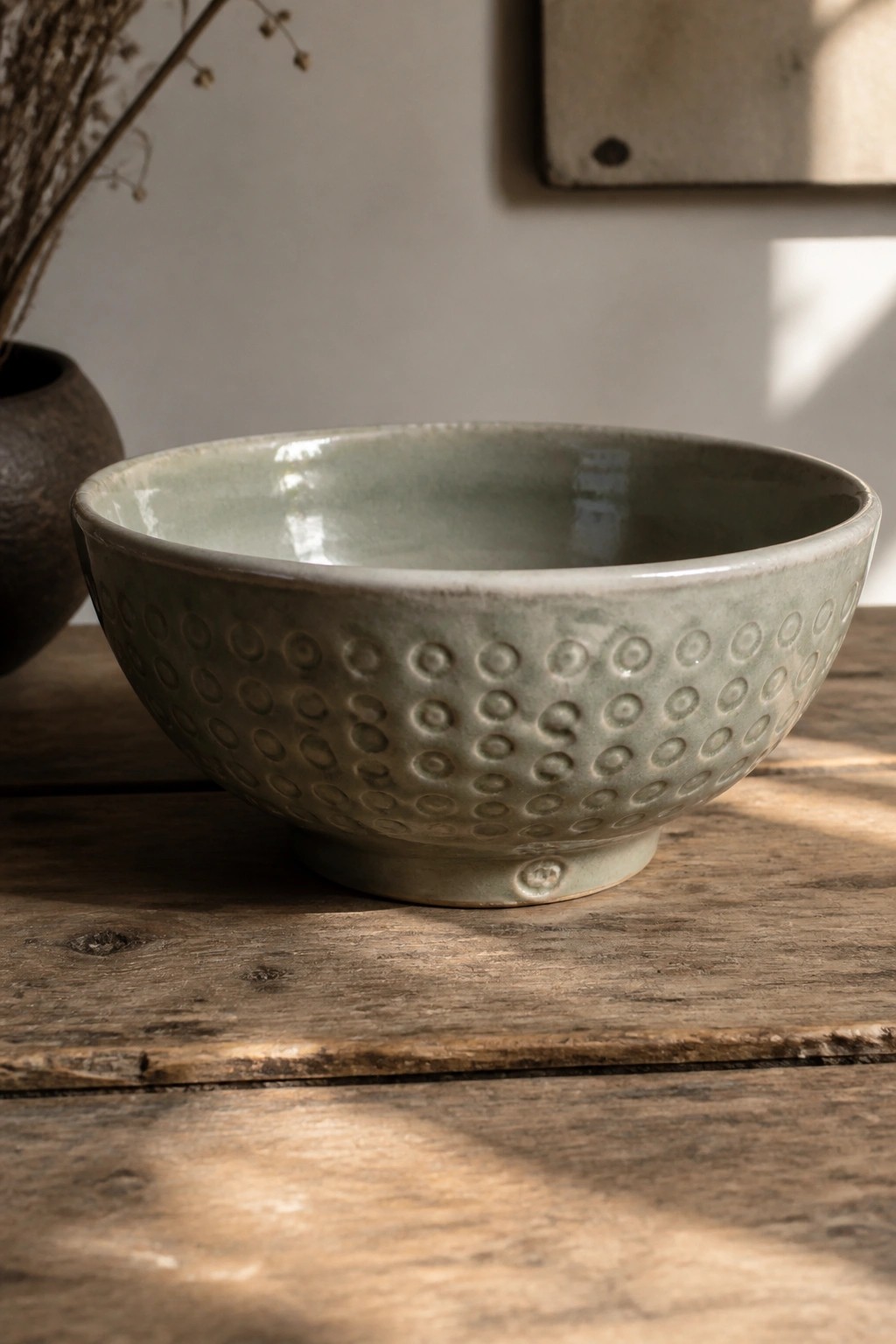 Muted green ceramic bowl with embossed dots on sunlit wooden table