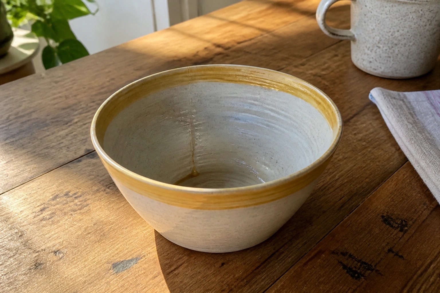 Speckled off-white ceramic bowl with yellow rim on sunlit wooden table