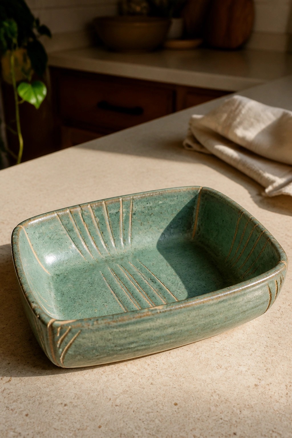 Speckled teal ceramic dish with etched lines on kitchen countertop
