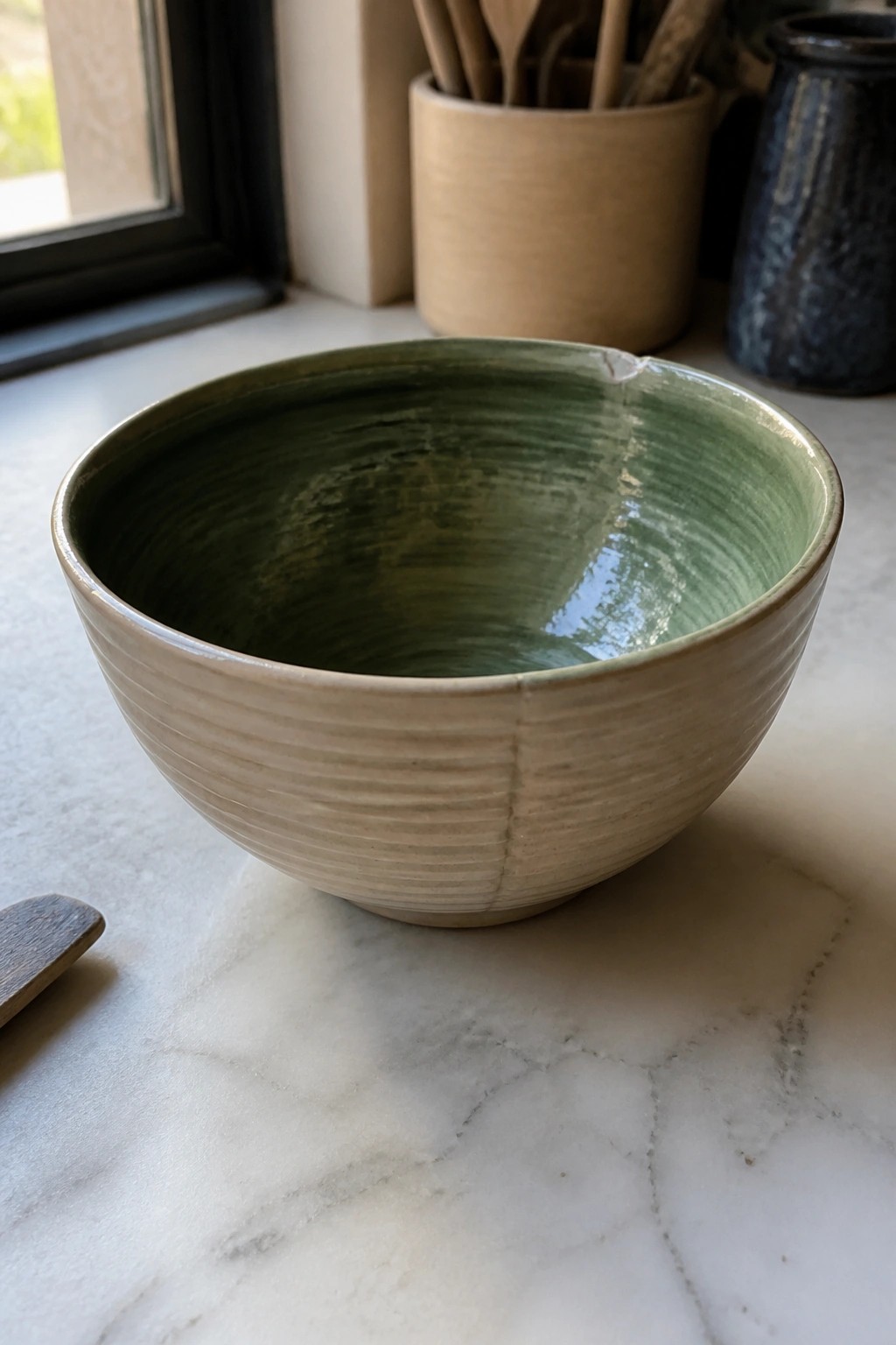 Green glazed bowl with ridged beige exterior on marble countertop