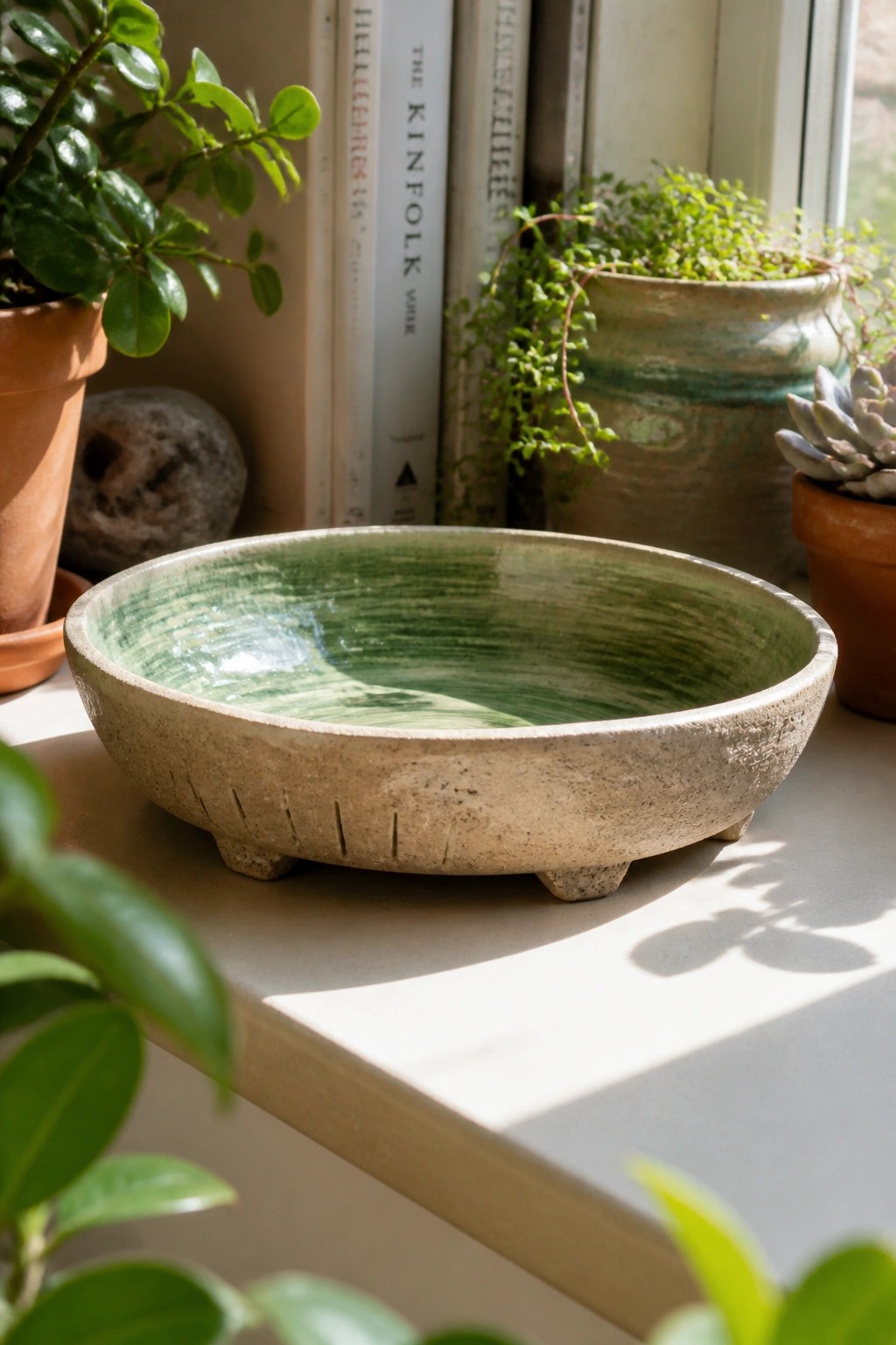 Green ceramic bowl on sunlit windowsill amid potted plants and books