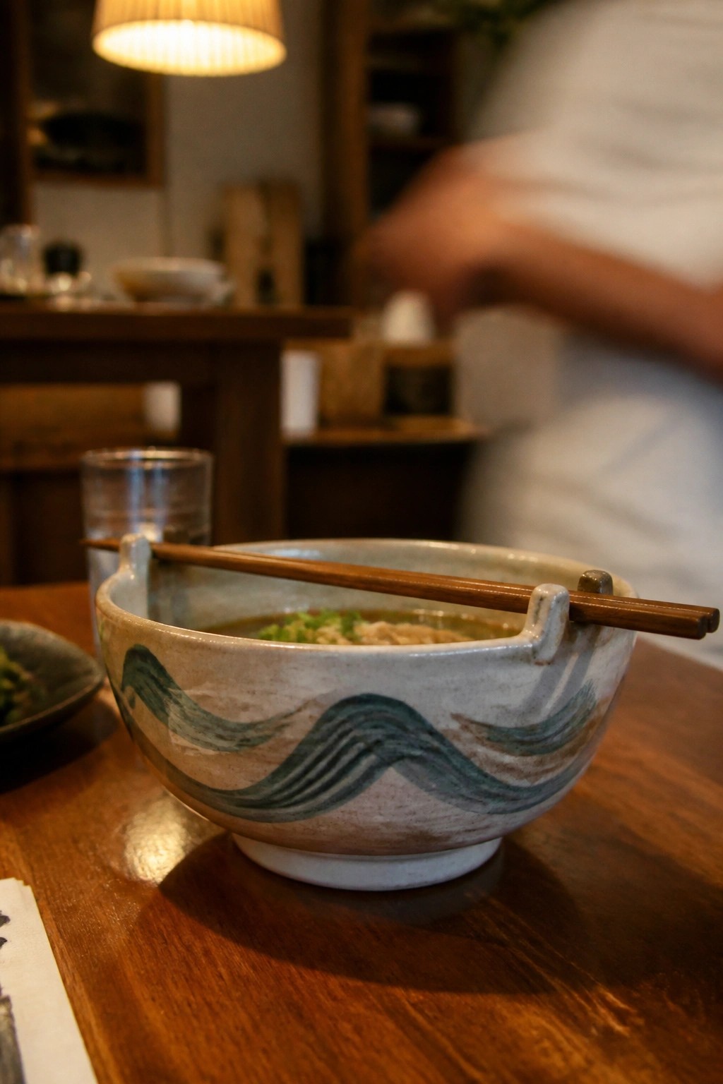 Ceramic bowl of ramen with chopsticks resting on handles atop wooden table
