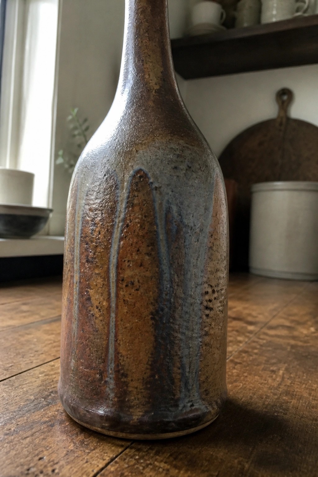 Tall ceramic bottle with mottled brown blue and gray drippy glaze on wood
