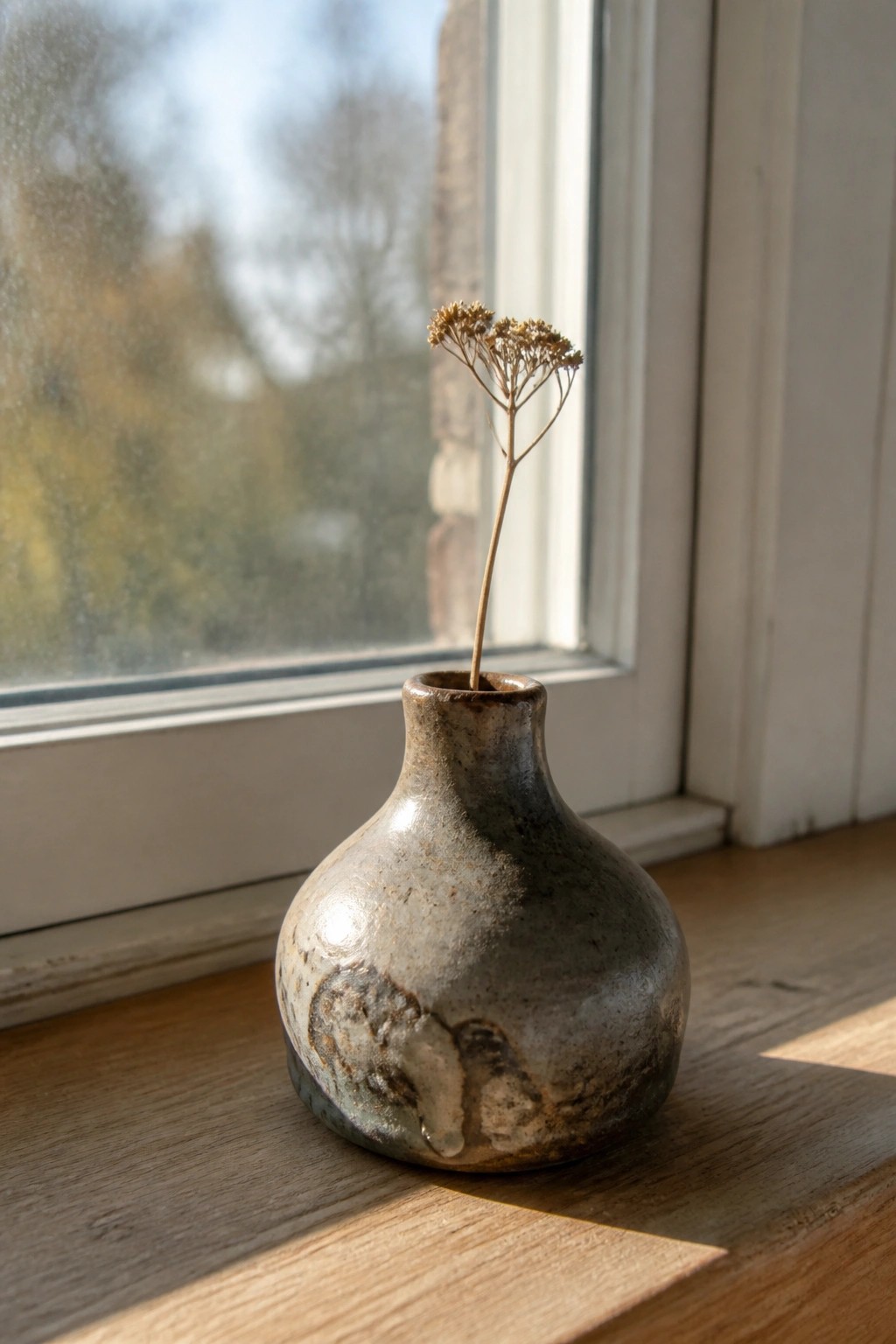 A small rounded ceramic vase with a narrow neck sits on a wooden windowsill holding one dried stem with small flowers.