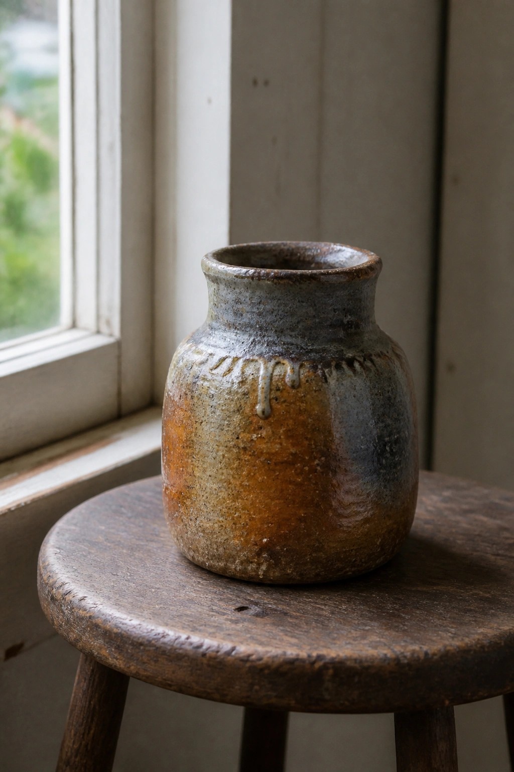 A small rustic ceramic vase with brown and gray glazes sits on a wooden stool next to a window.