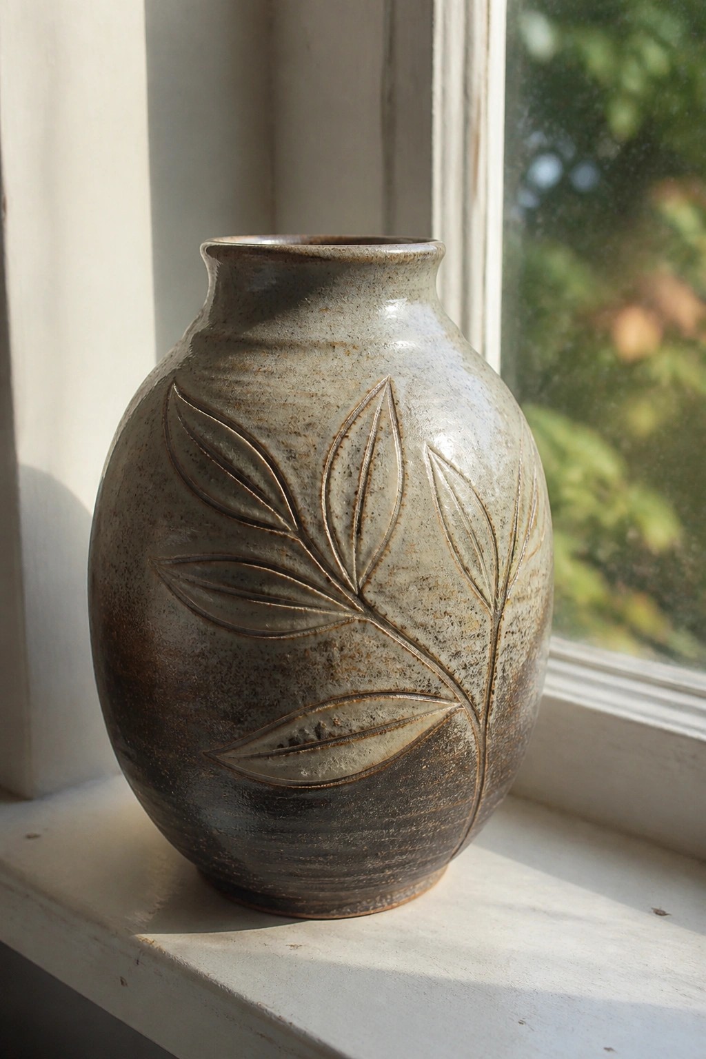 Ceramic vase with carved leaves on a sunlit white windowsill