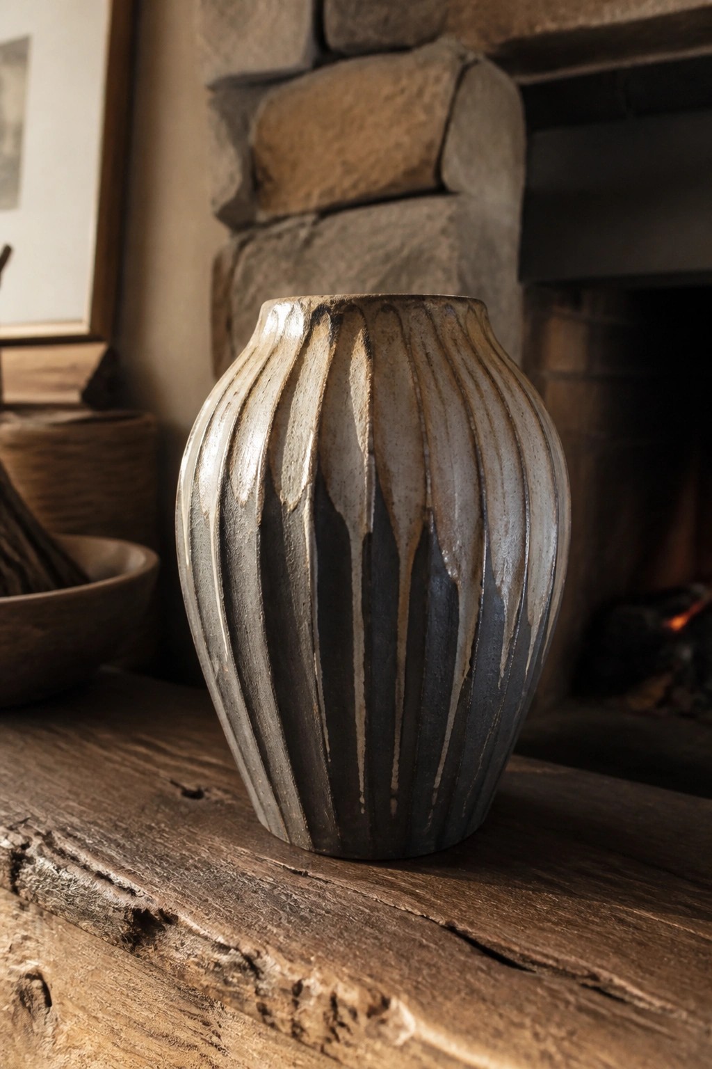 Ribbed ceramic vase with dripping white-gray glaze on rustic wooden mantel