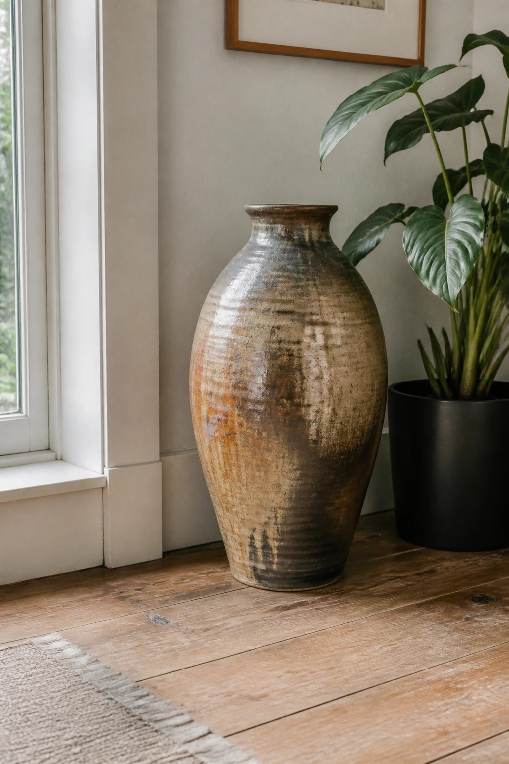 Weathered ceramic vase on wooden floor beside potted green plant and window