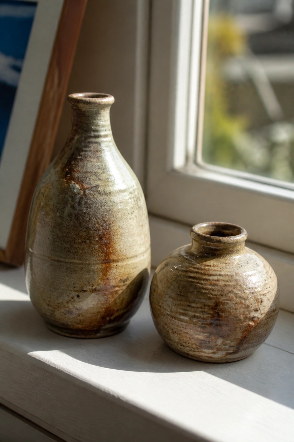 Two rustic ceramic vases with mottled glazes on a sunlit white windowsill.