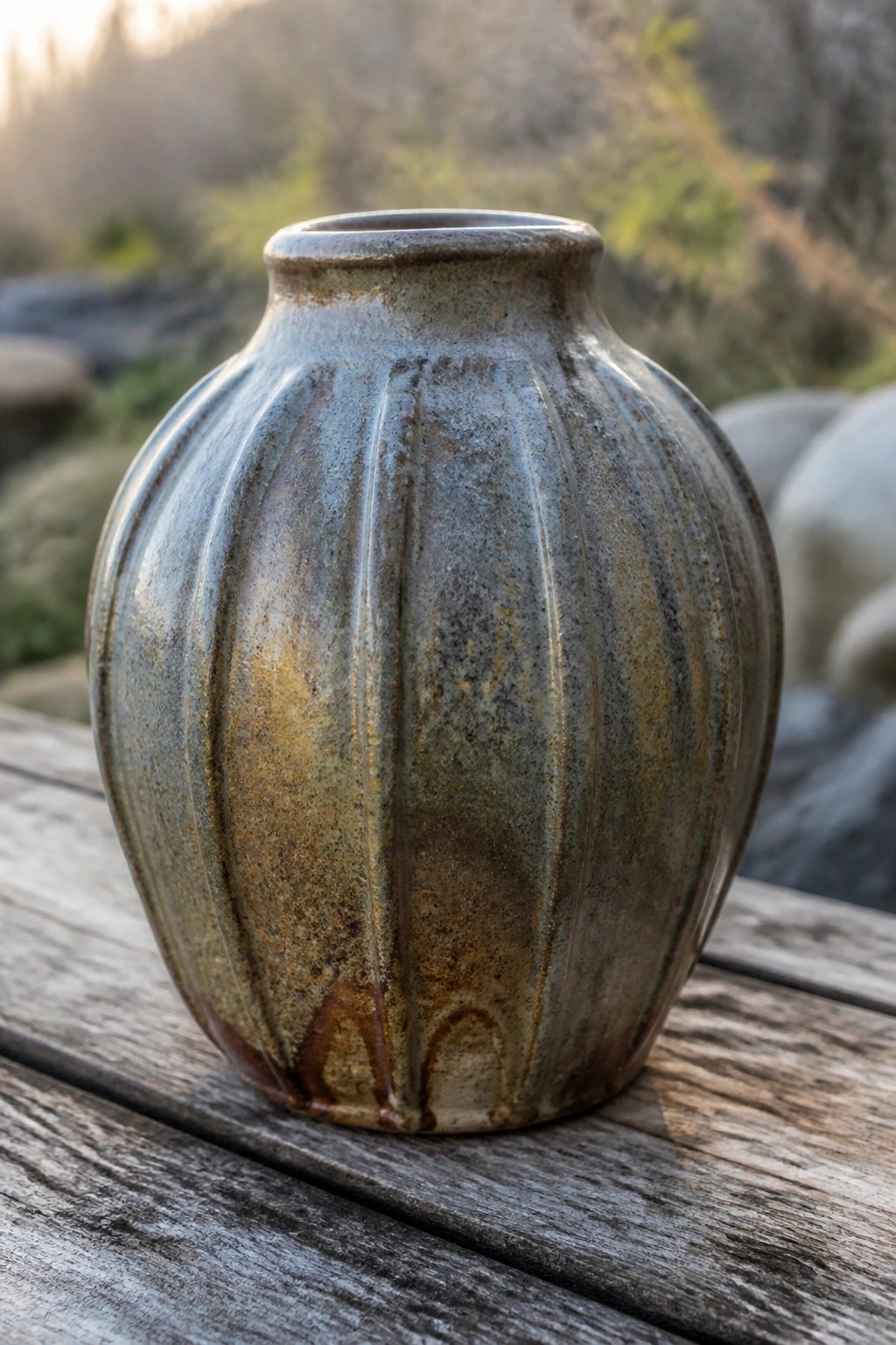 Ribbed ceramic vase with blue-brown glaze on weathered wooden surface outdoors