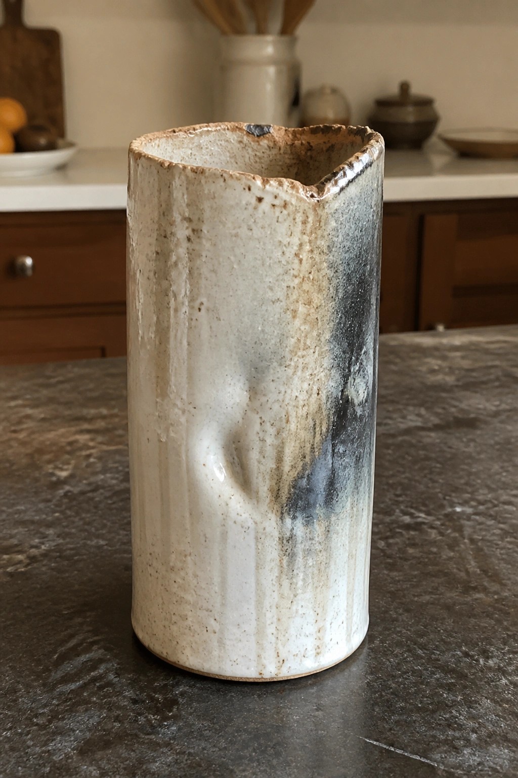 Handmade ceramic pitcher with textured white glaze, irregular rim, and dent on counter