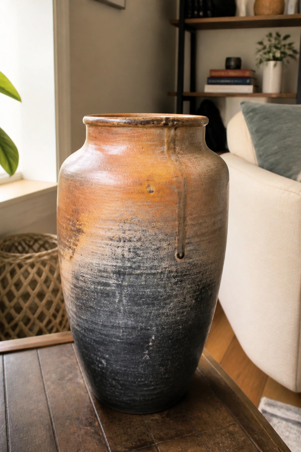 Large rustic ceramic vase with orange-to-black glaze on wooden table
