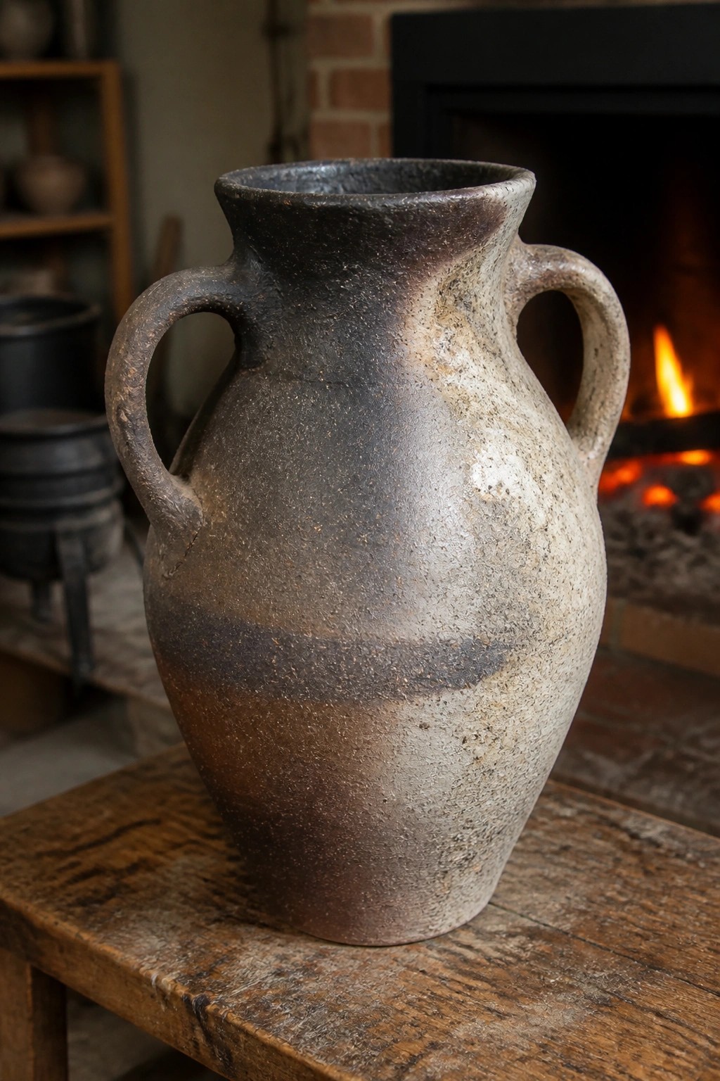 Rustic two-handled earthenware vase on wooden table before glowing fireplace