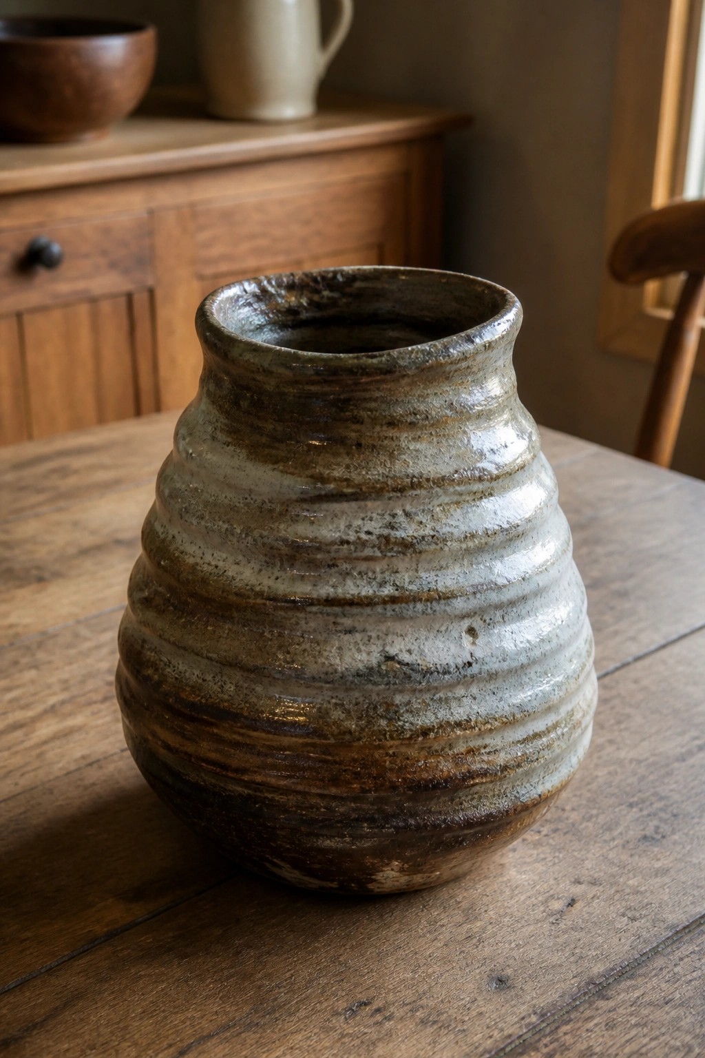 Rustic ribbed ceramic vase with earthy brown glaze on wooden table