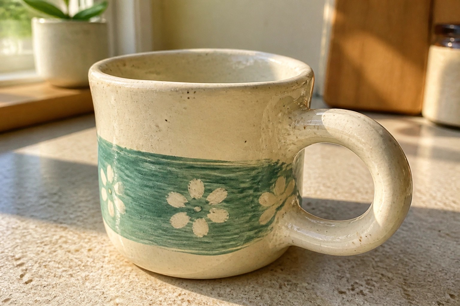 Speckled ceramic mug with blue waves and white daisies on a kitchen counter