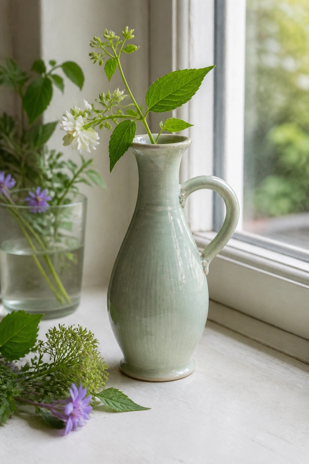 Pale green ceramic pitcher with leaves and white flowers on a windowsill.