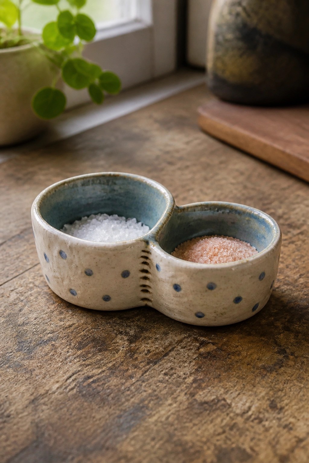 Speckled ceramic double bowl with white and pink salts on wooden table