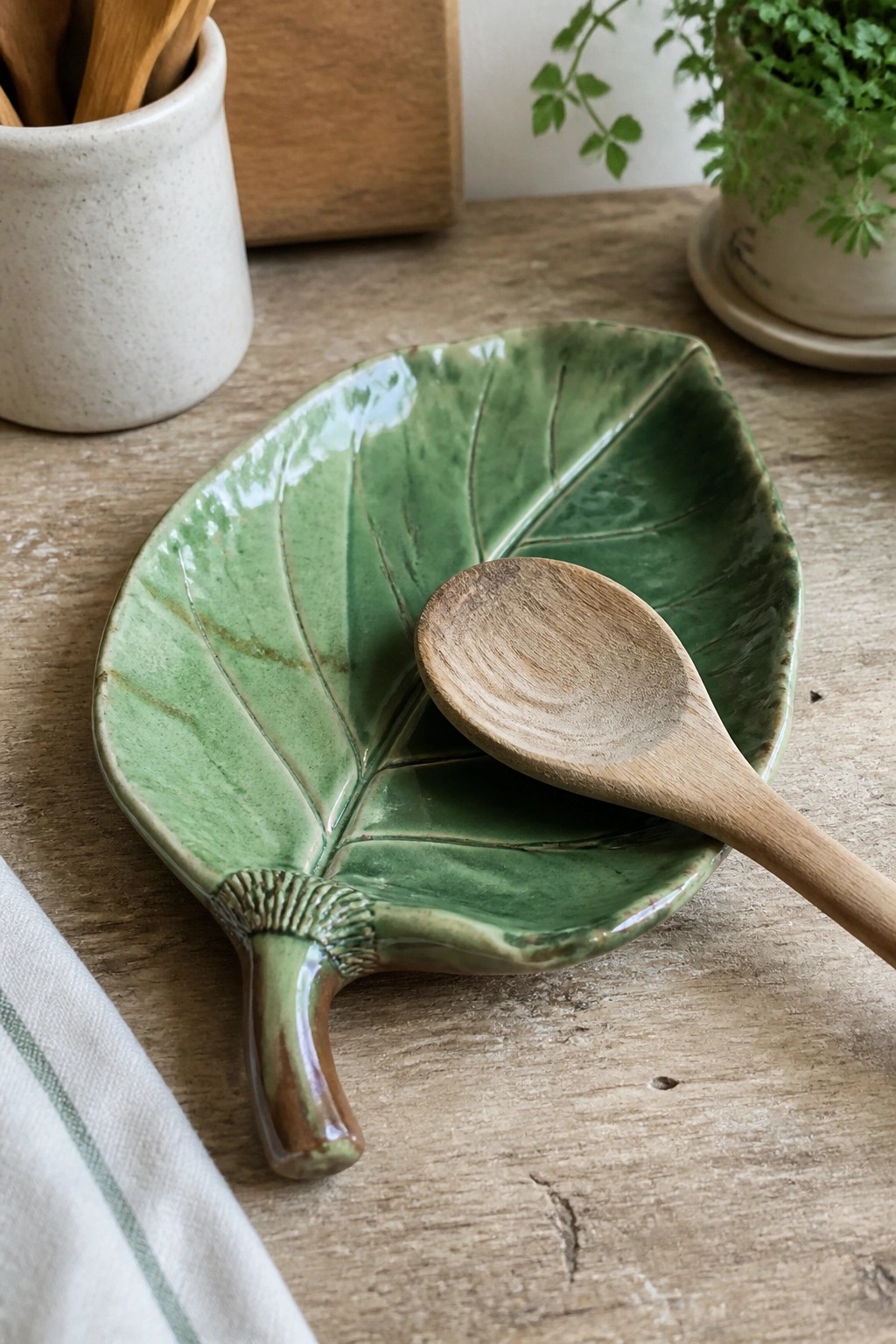 Green ceramic leaf bowl with wooden spoon on rustic wooden table.