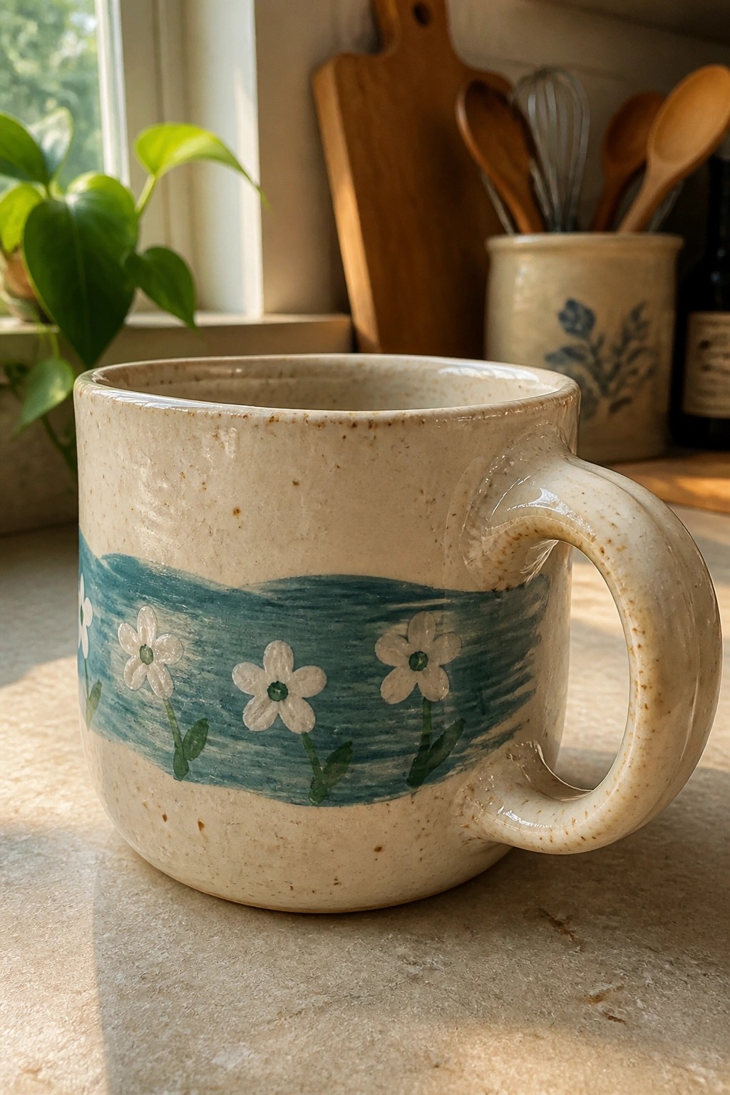 Speckled ceramic mug with blue waves and white daisies on a kitchen counter