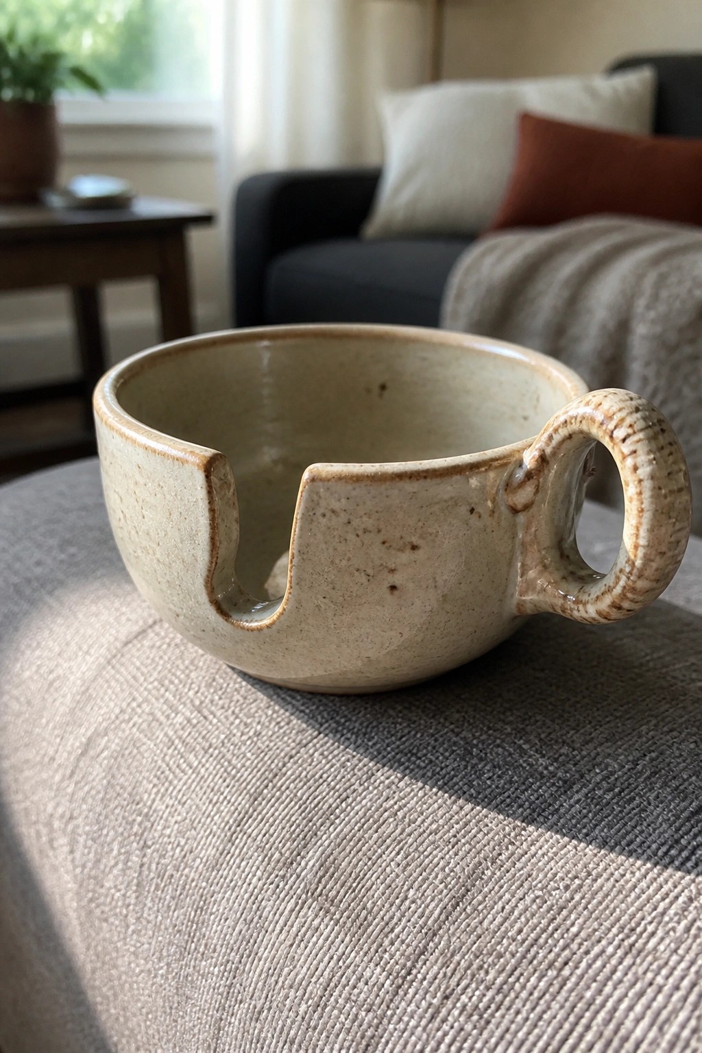 Beige ceramic yarn bowl with handle and notch on gray woven fabric surface