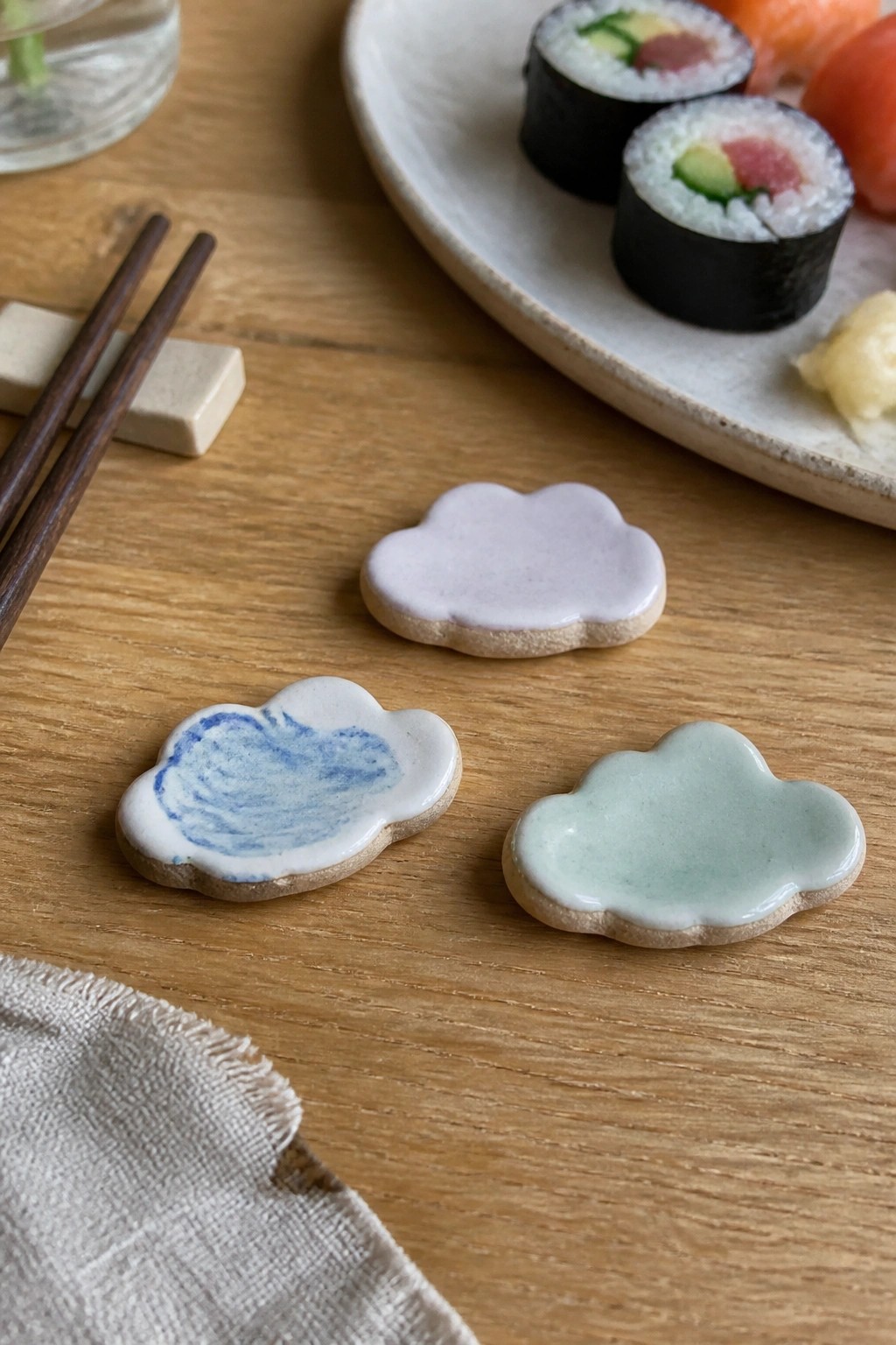 Three cloud-shaped cookies glazed blue, lavender, and mint on wooden table with sushi.