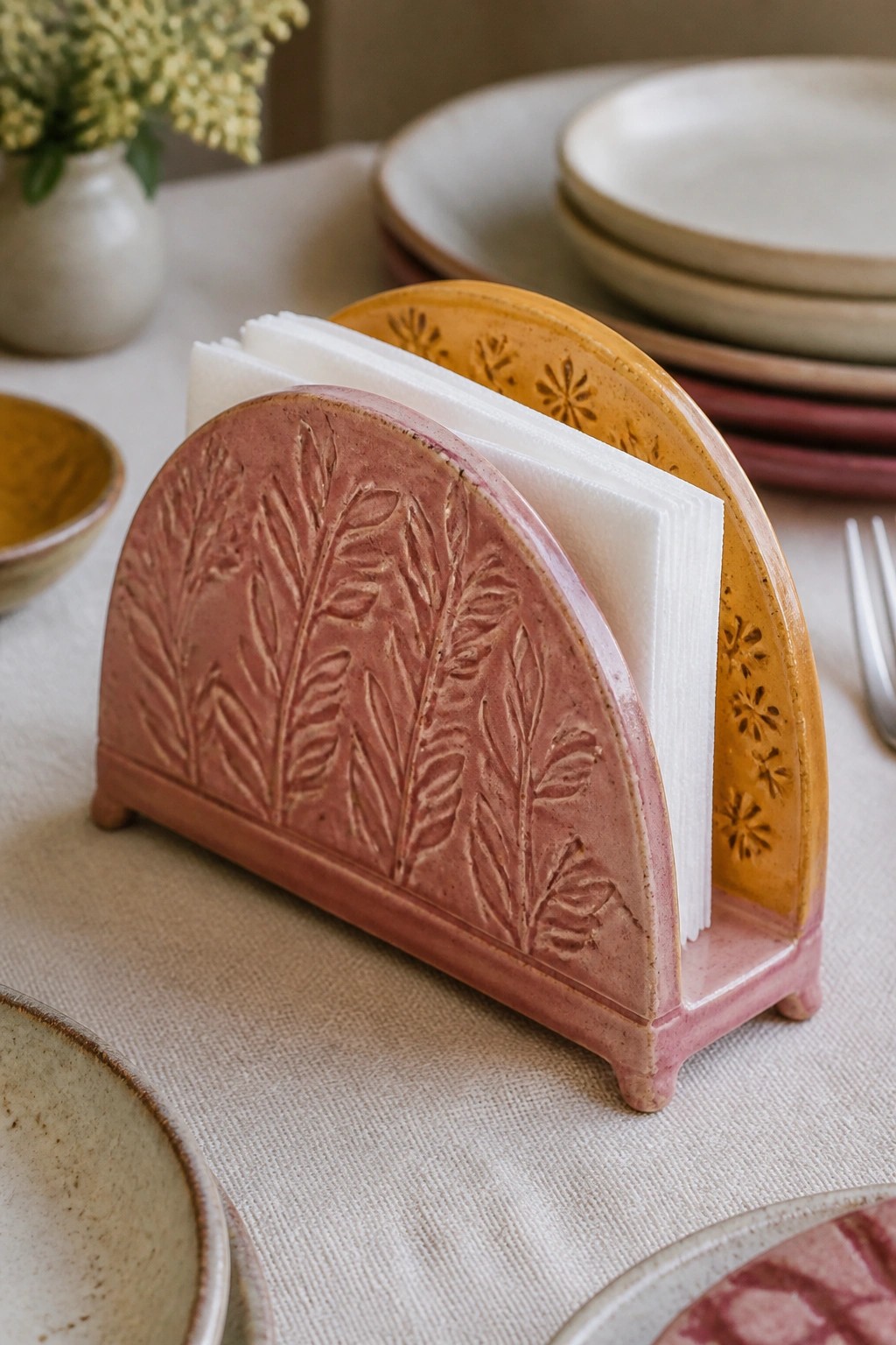 Pink ceramic napkin holder with leaf patterns holding white napkins on table