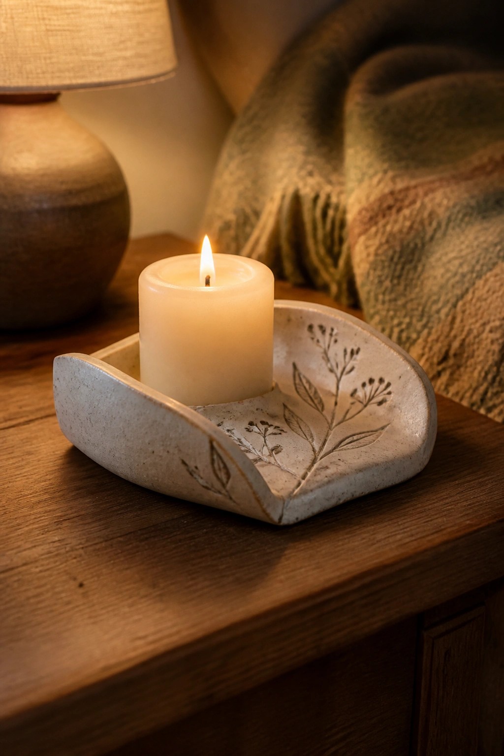 Lit white candle in leaf-etched ceramic holder on wooden table beside lamp