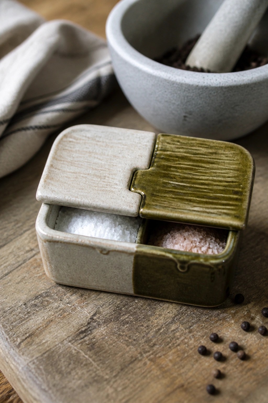 Open two-tone ceramic salt box with white and pink salts on wooden surface