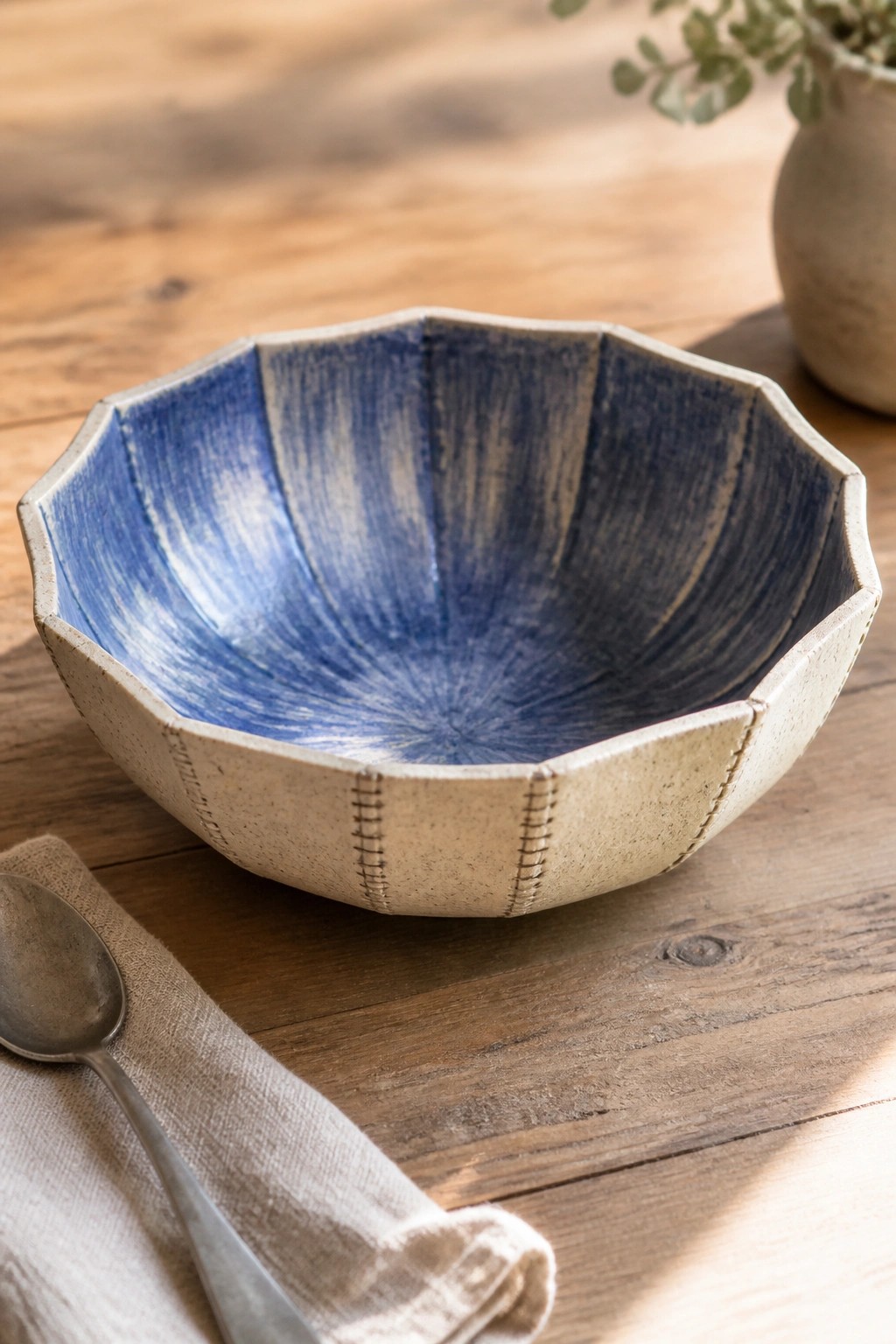 Blue ceramic bowl with fluted rim on wooden table beside spoon and napkin