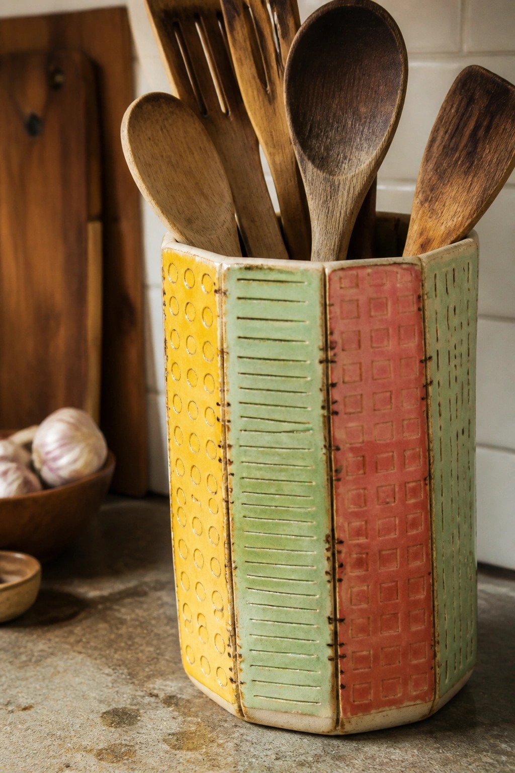 Colorful patterned ceramic holder with wooden spoons and spatulas on counter