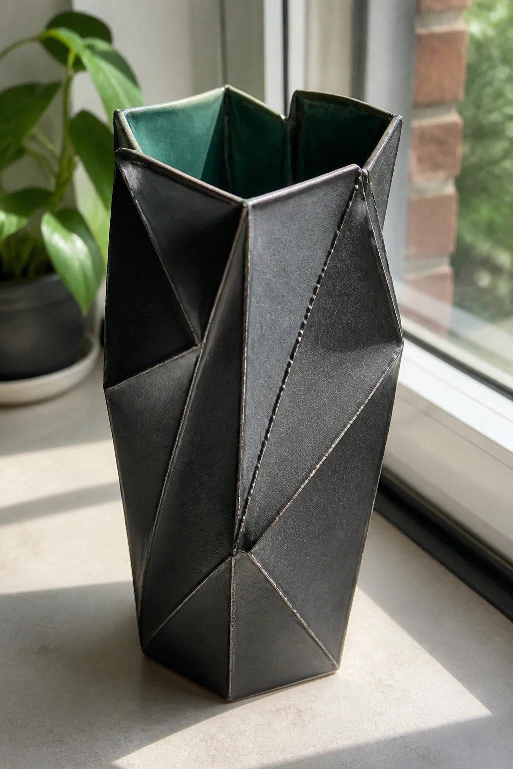 Black angular faceted vase with green interior on a sunny windowsill.