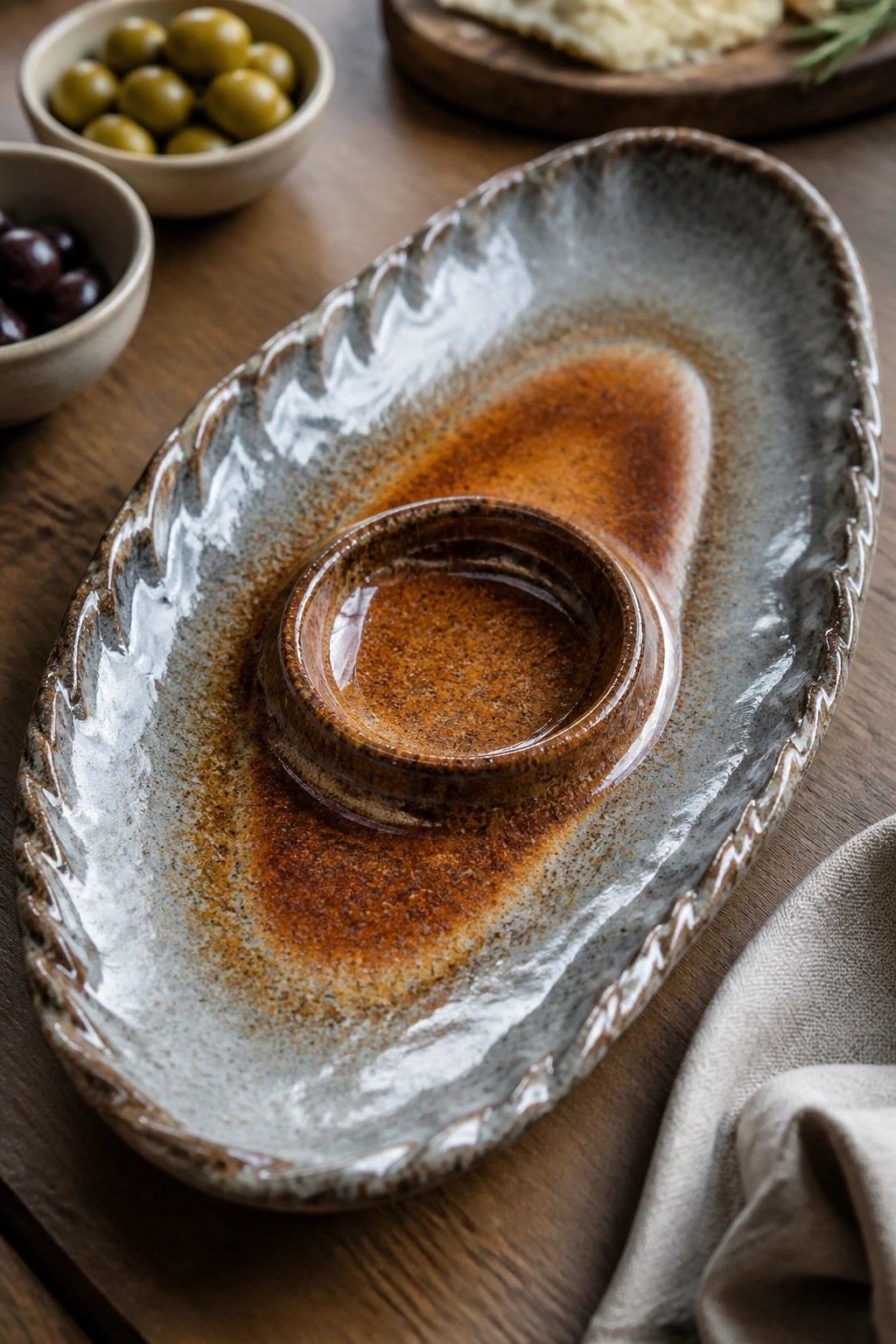 Rustic ceramic platter with central dip bowl on wooden table beside olives.