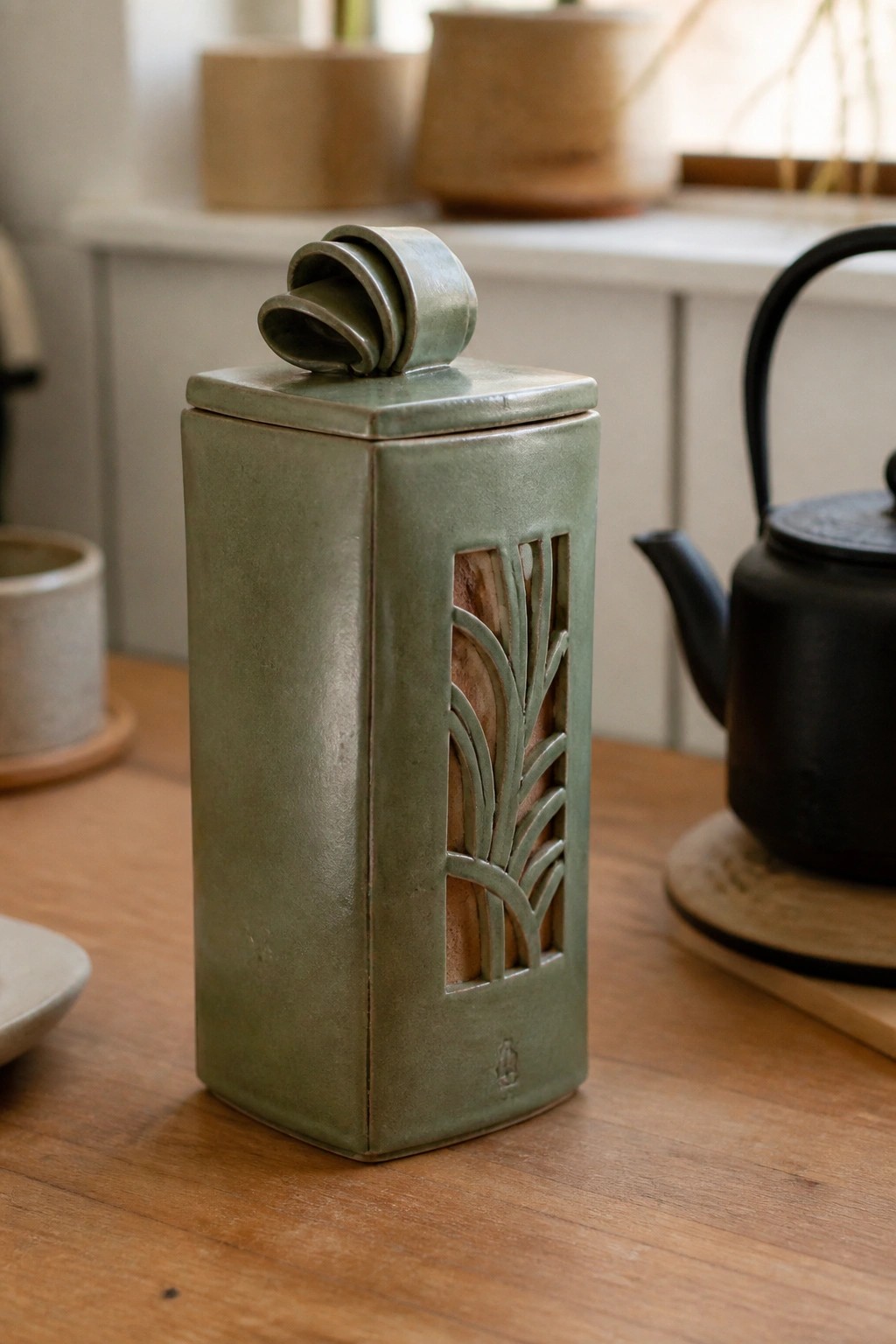 Green ceramic tea canister with leaf cutouts and curled lid on wood