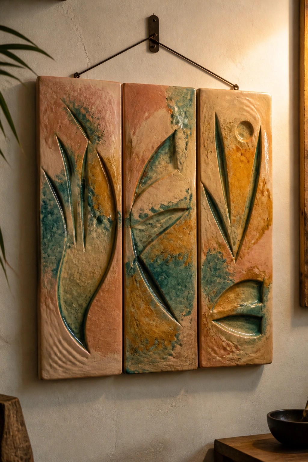 Three glazed ceramic panels with abstract leaf designs in pink, teal and orange.