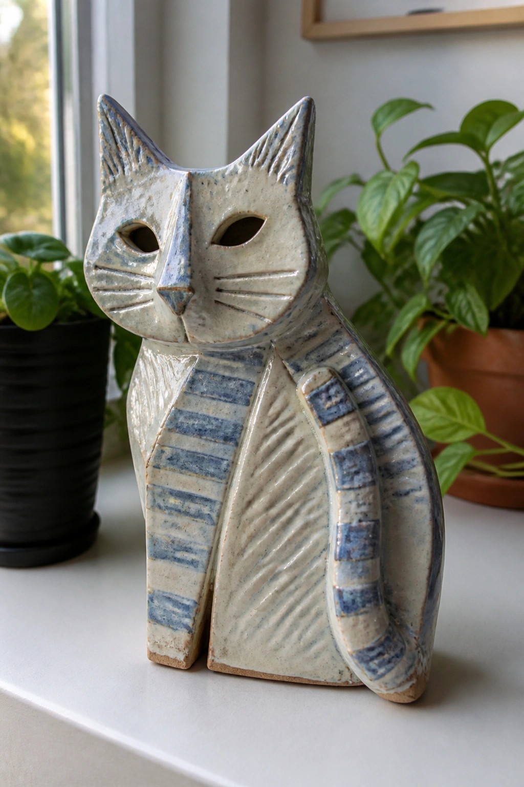 Blue and white ceramic cat figurine on windowsill amid potted houseplants