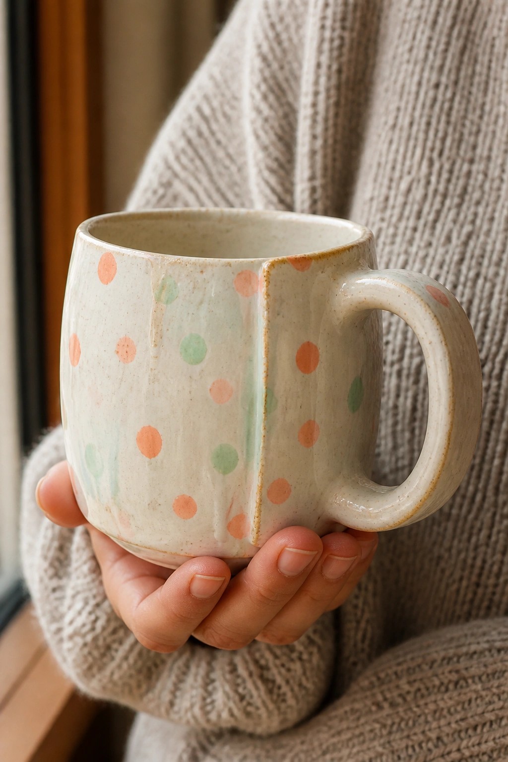 Hands in beige knit sweater holding speckled ceramic mug with colorful dots.
