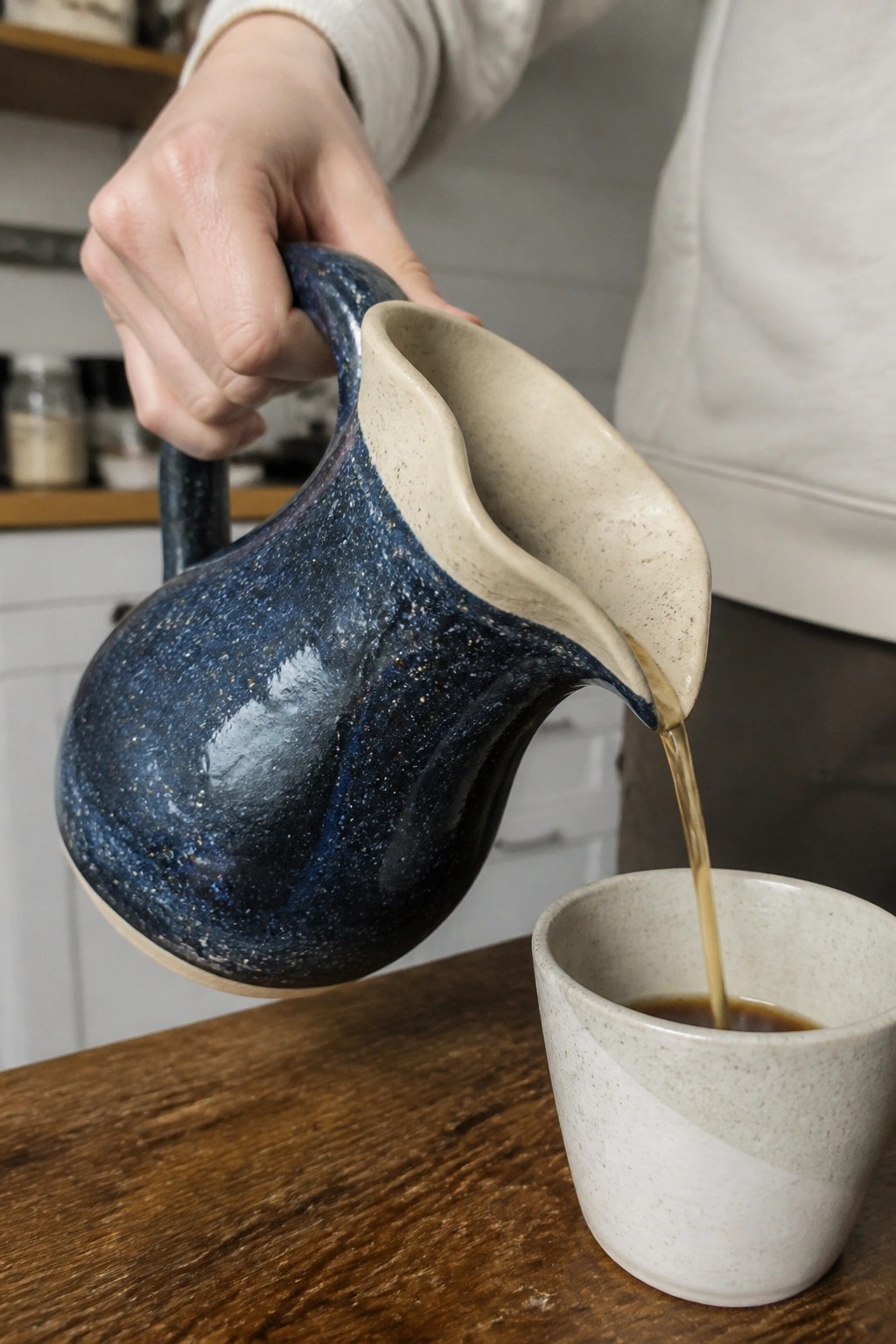 Hand pours from blue speckled pitcher into beige cup on wooden table.