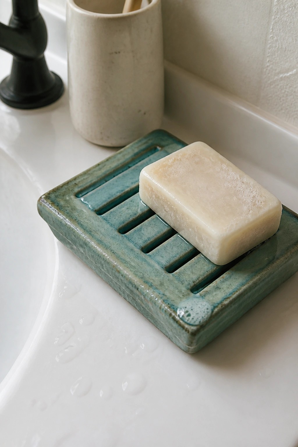 Teal ceramic soap dish with pale bar on wet white sink edge