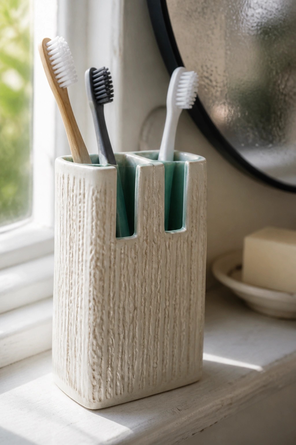 Textured cream ceramic holder holding three toothbrushes on a sunlit bathroom windowsill.