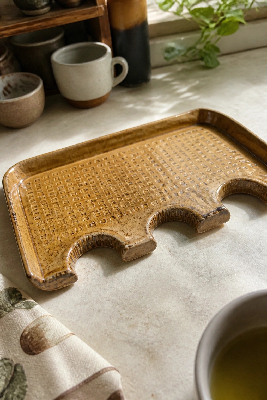 A brown glazed ceramic tray with a square grid texture and two curved notches along one edge sits on a light countertop.