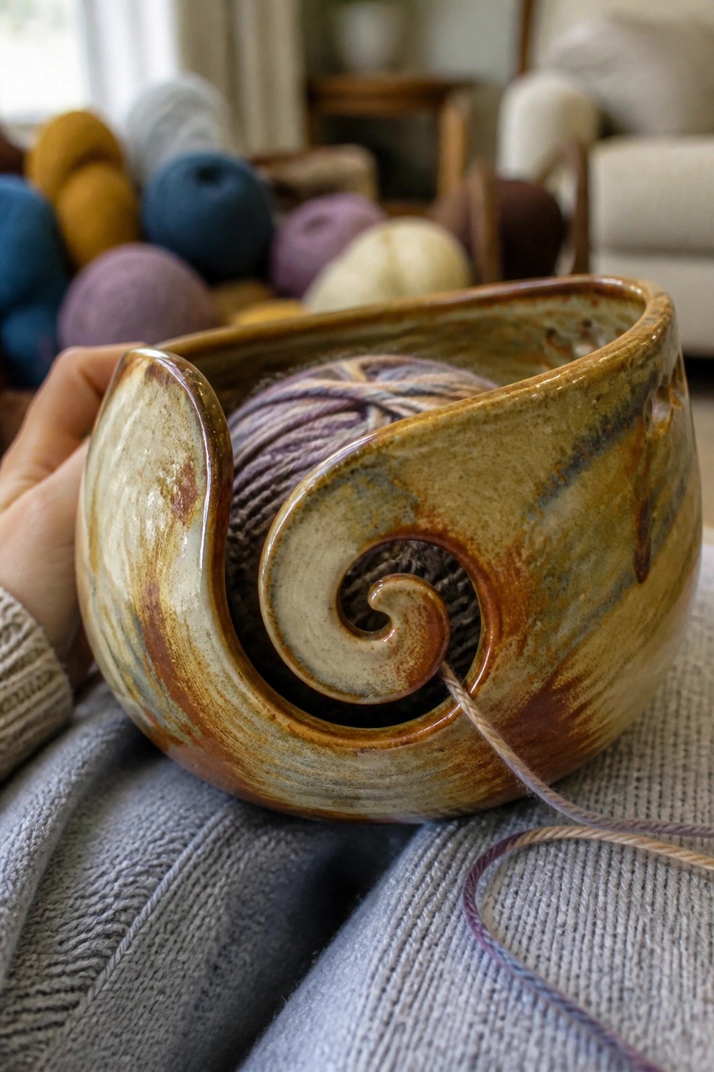 Hand holding swirled ceramic yarn bowl with variegated yarn on gray knit lap