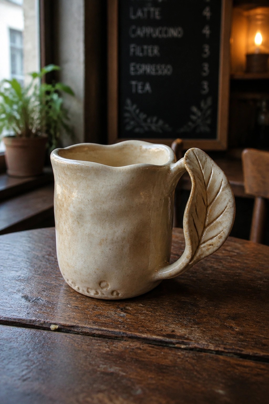 Rustic ceramic mug with leaf handle on wooden table before chalkboard menu