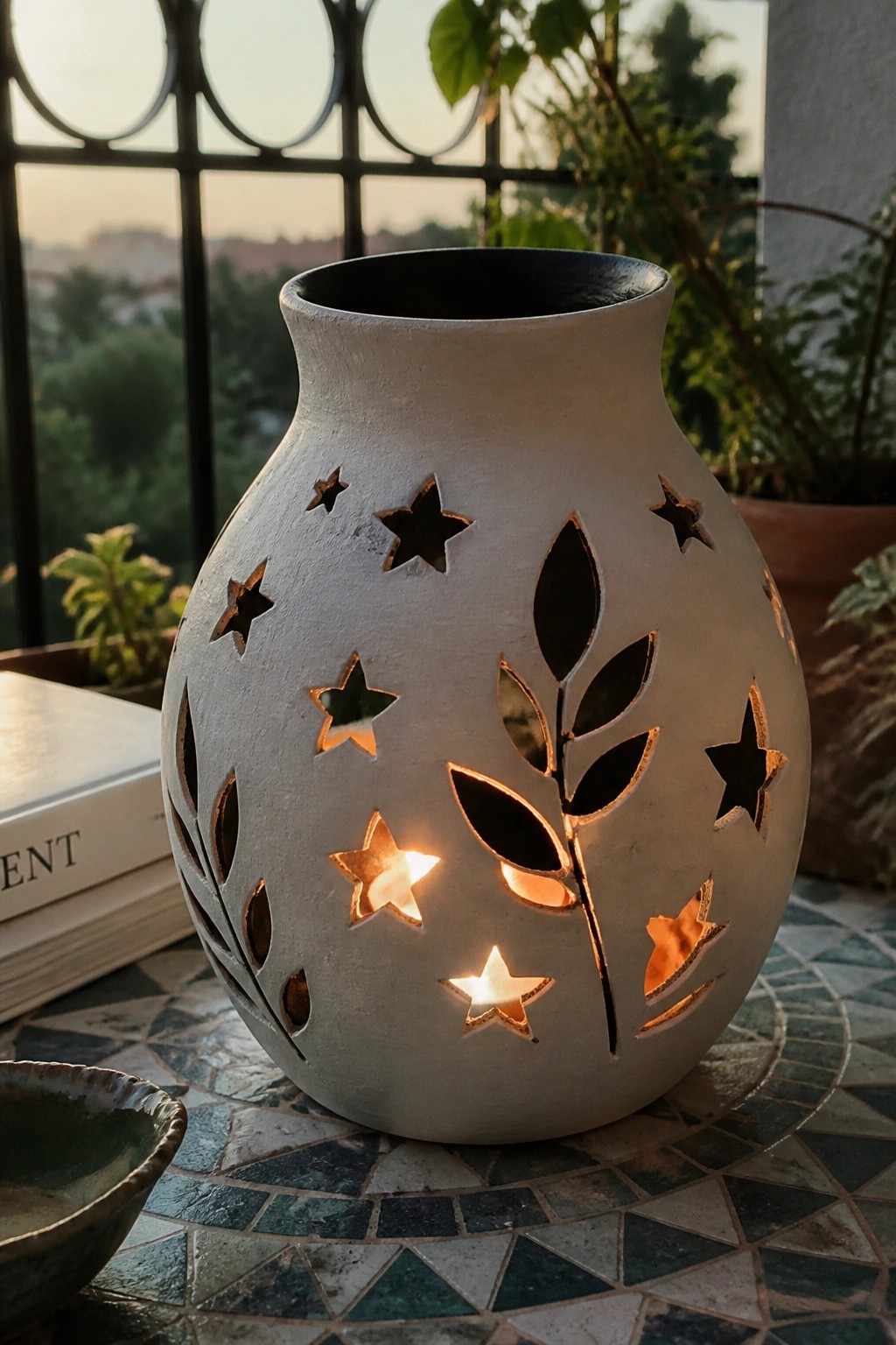 Glowing white ceramic vase with star and leaf cutouts on tiled table